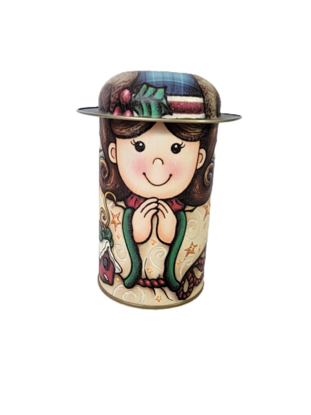 Vintage Christmas Angel Metal Tin Canister Cylinder Hat Lid Made In Taiwan Retro